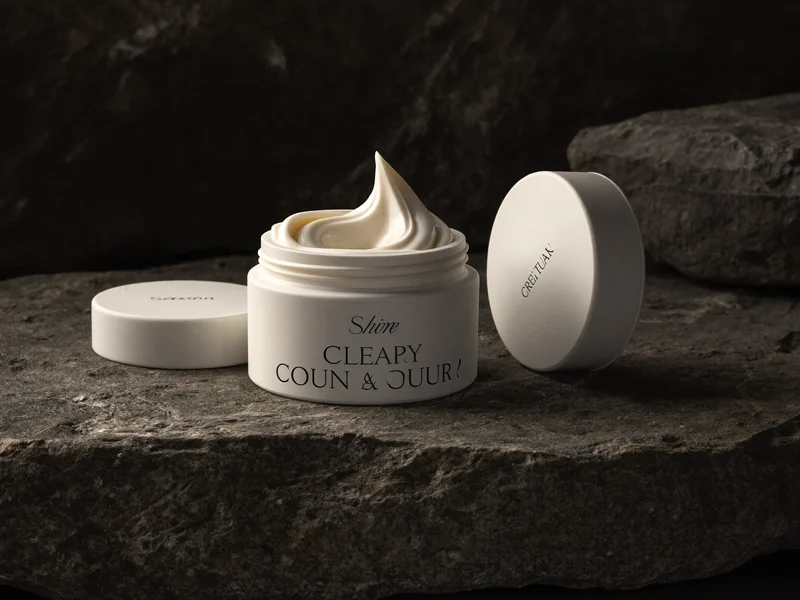 Pot de crème blanc ouvert, volute lisse, couvercle posé à côté