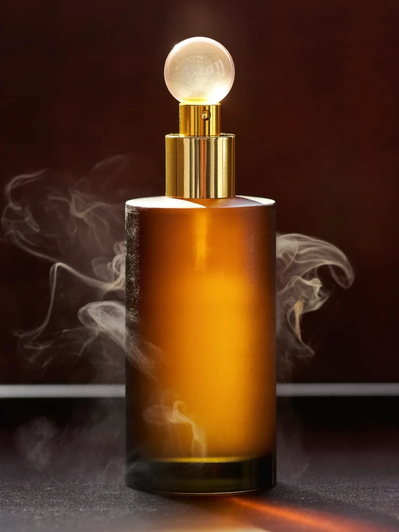 Flacon de parfum en verre ambré à atomiseur, rétroéclairé dans la brume